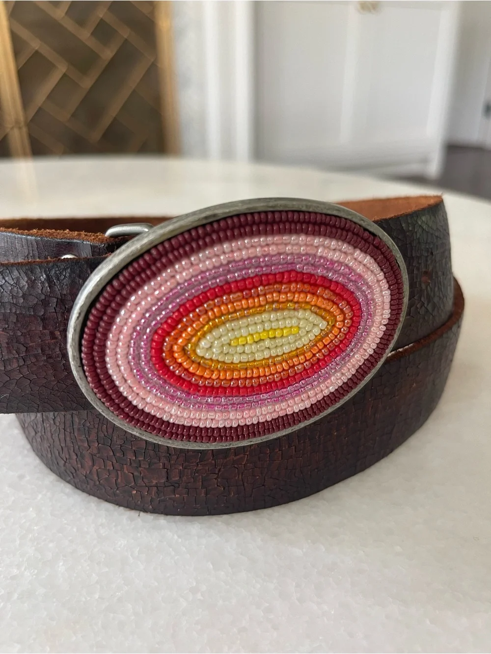 Distressed Brown Leather Belt Seed Bead Multicolored Buckle Boho Festival XL